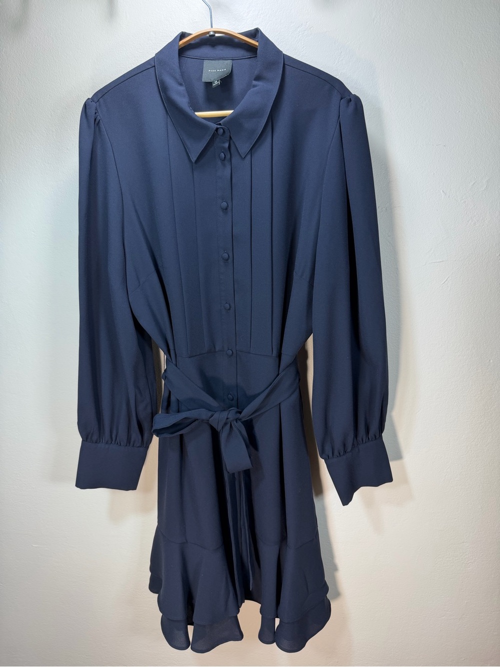 Alex Marie Navy Long-Sleeve Button Front Tie-Waist Dress